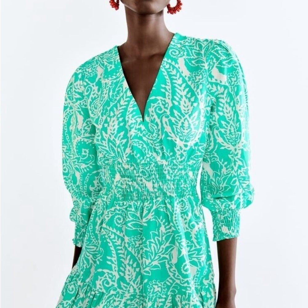 Zara Green and White Mini Dress